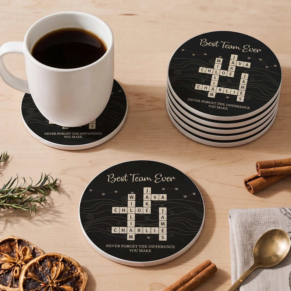 Personalized Round Ceramic Coaster with Team Crossword Design, Unique Coworker Gift for Office Desks