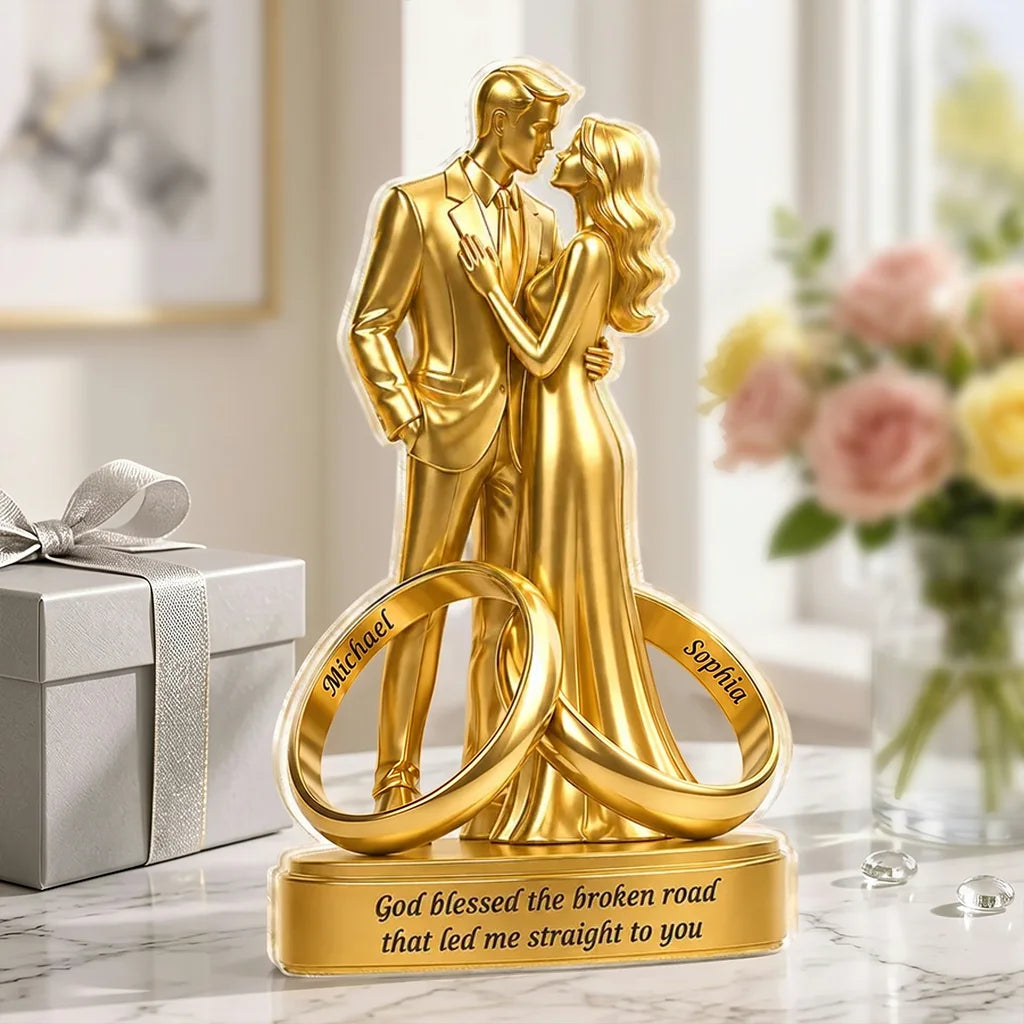 Shaped Acrylic Block Plaque, Personalized Golden Couple & Rings, Creative Romantic Gift for Spouse