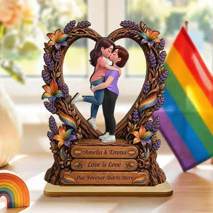 Personalized Wooden Plaque, Kissing LGBT Couple With Rainbow Flag, Unique Creative Gift for Couple