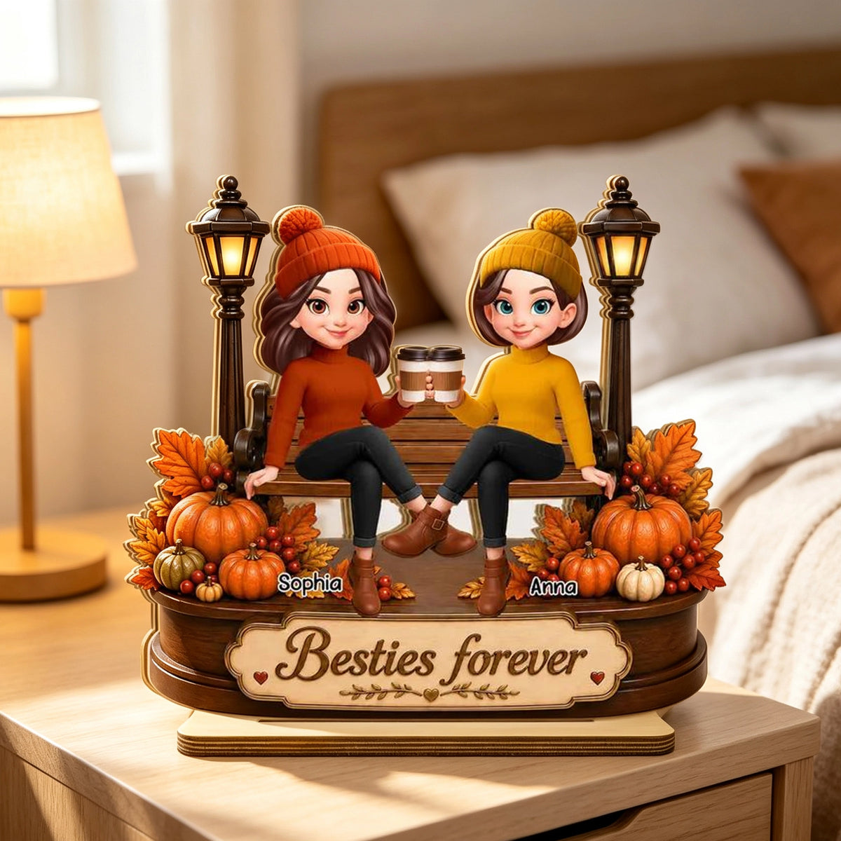 Personalized 2-Layer Wooden Plaque, Besties Forever Fall Scene, Unique Gift for Bestie