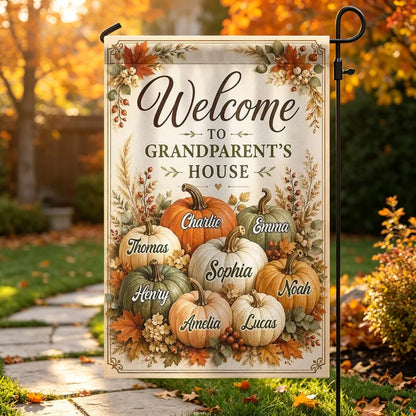 Personalized Garden Flag, Fall Pumpkin Yard Decor with Welcome to Grandparents' House, Unique Gift for Grandma & Grandpa