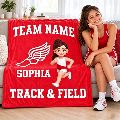 Personalized Track & Field Fleece Blanket, Red Running Girl Design, Unique Gift for Young Athletes