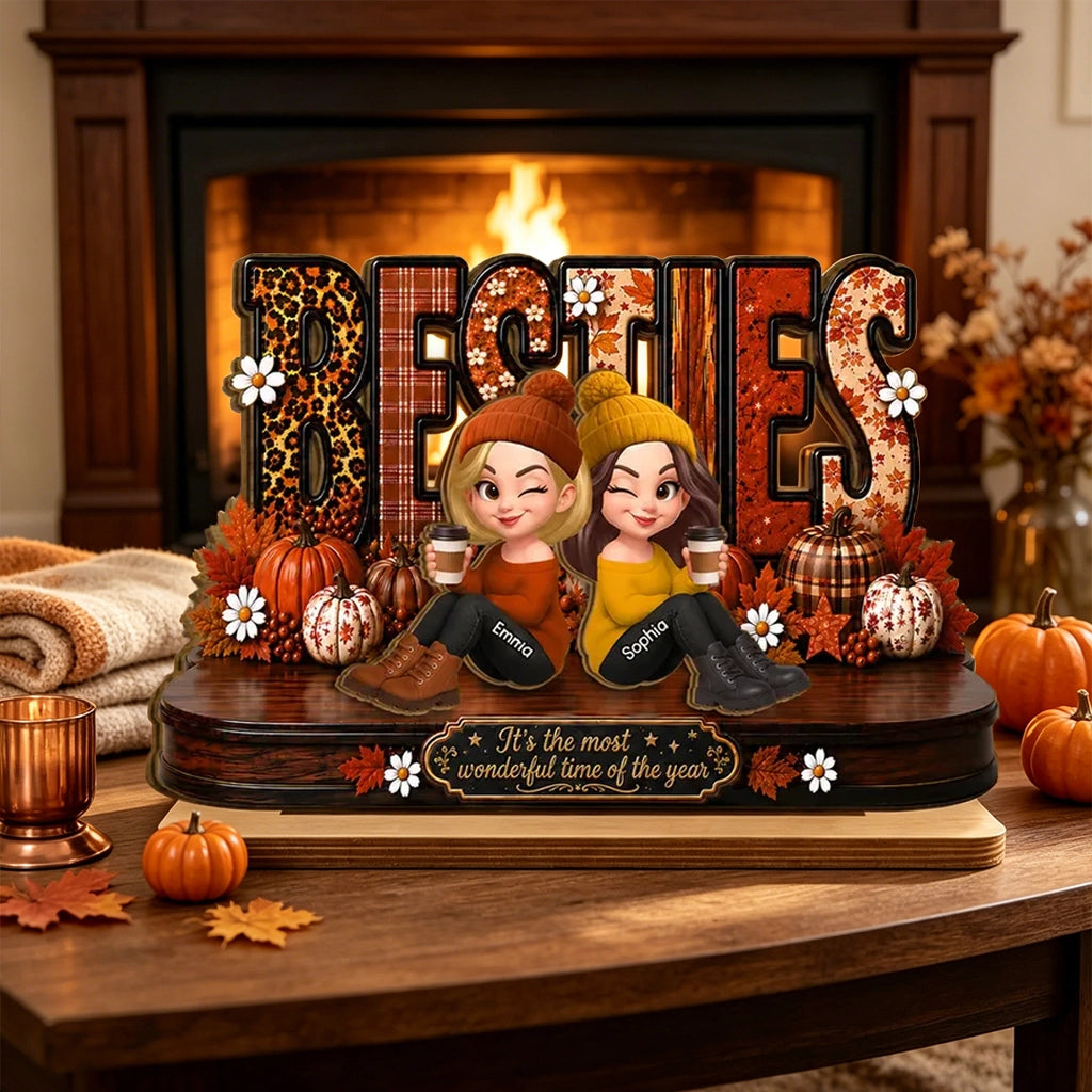 Personalized 2-Layer Wooden Plaque, Sitting Besties with Coffee, Unique Fall Gift for Close Friend