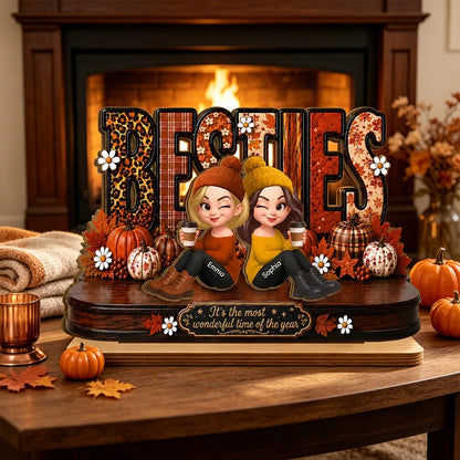 Personalized 2-Layer Wooden Plaque, Sitting Besties with Coffee, Unique Fall Gift for Close Friend