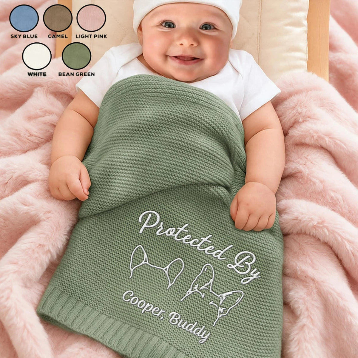 Embroidered Knitted Baby Blanket, Personalized Protected By Dog Keepsake, Creative Gift for New Parents