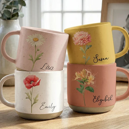 Personalized Birth Flower Pottery Mug, Unique Botanical Gift for Her, Sister, Friend or Coworker