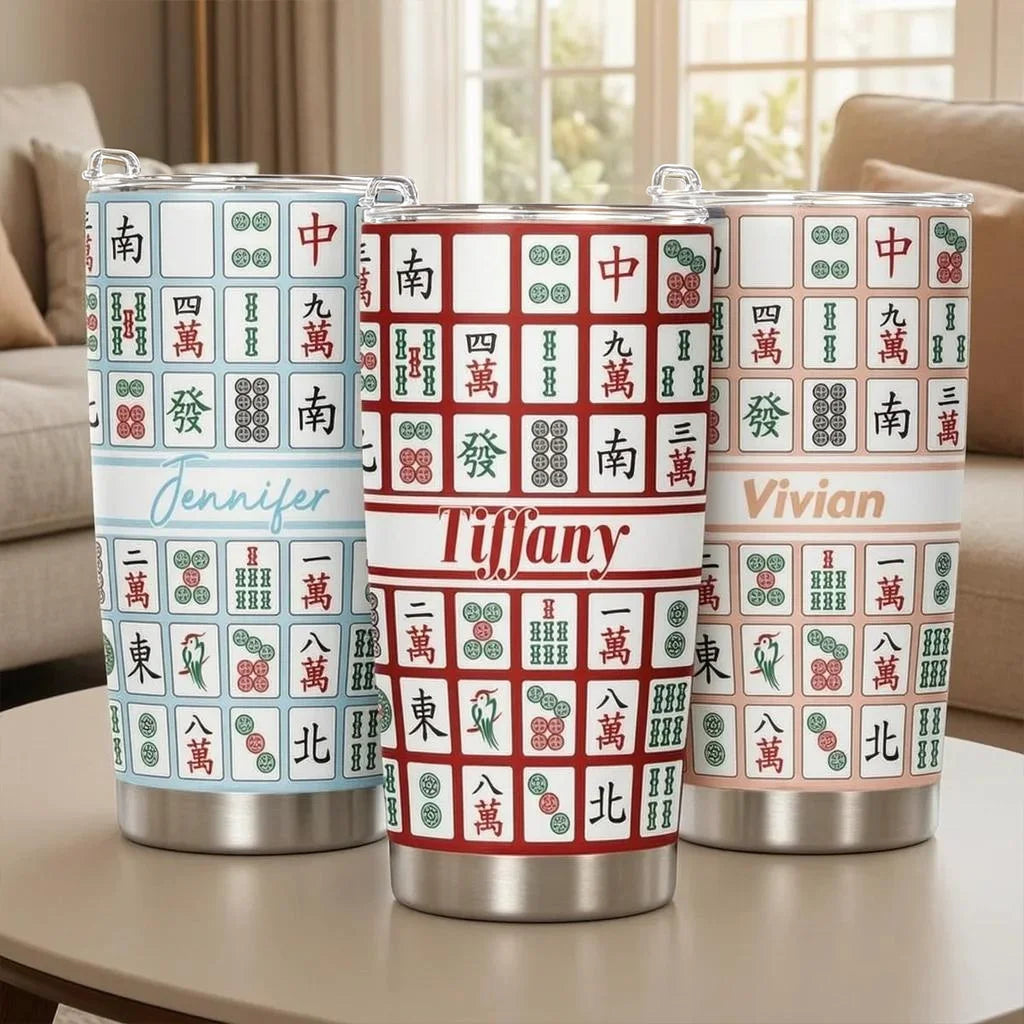 Personalized Insulated Travel Tumbler with Colorful Mahjong Tiles, Unique Gift for Mahjong Lovers