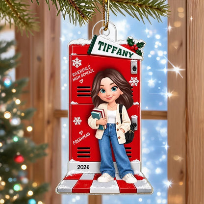 Personalized Acrylic Ornament, Student Holding Books by a Festive School Locker, Unique Christmas Gift for Daughter