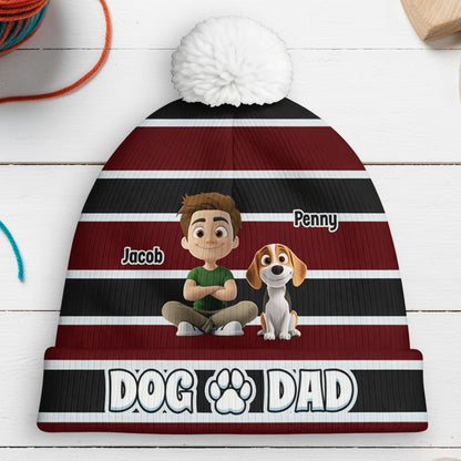 Personalized Dog Dad Bobble Beanie Hat With Custom Cartoon Pet & Owner - Cozy Winter Gift for Dog Lovers