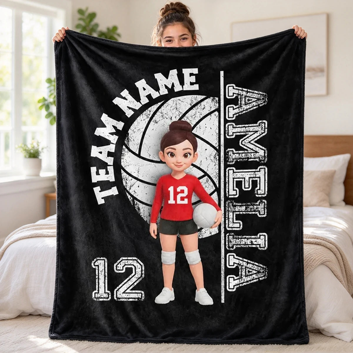 Personalized Volleyball Fleece Blanket, Black and Red Cartoon Player Holding a Ball, Unique Gift for Daughter
