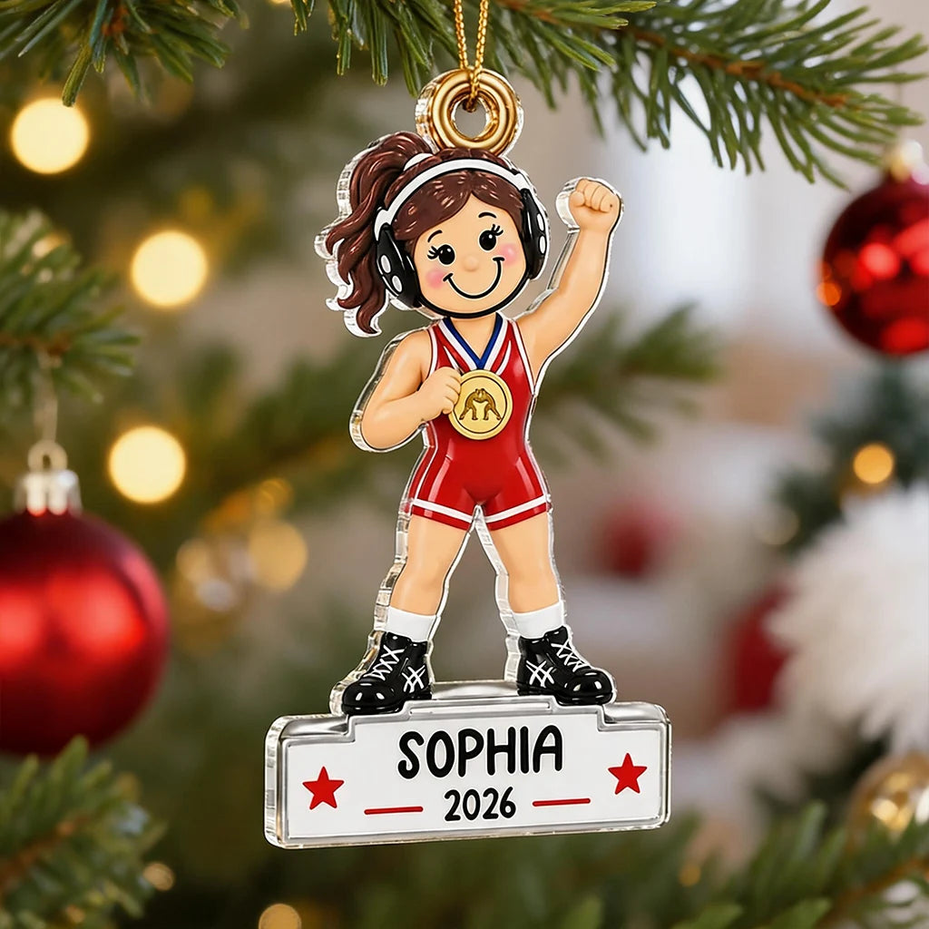Personalized Acrylic Ornament, Red Cartoon Girl Wrestler Raising Her Fist, Unique Gift for Daughter