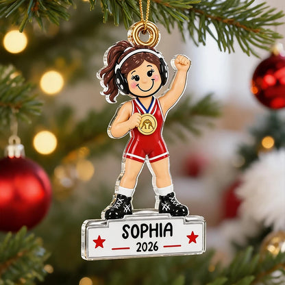 Personalized Acrylic Ornament, Red Cartoon Girl Wrestler Raising Her Fist, Unique Gift for Daughter