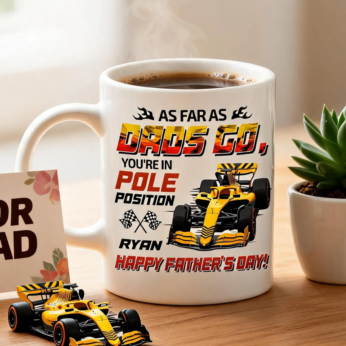 Personalized White Ceramic Mug For Dad With Racing Car Art, Unique Father's Day Gift
