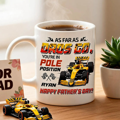 Personalized White Ceramic Mug For Dad With Racing Car Art, Unique Father's Day Gift