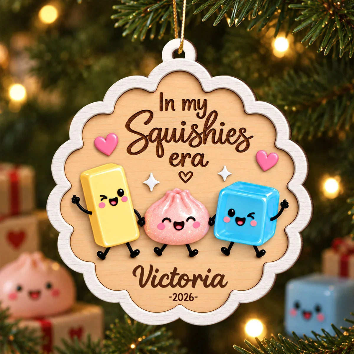 Personalized Wooden Ornament with Colorful Squishy Friends, Unique Gift for Collectors and Christmas Tree Decor