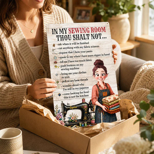 Personalized Rectangular Iron Sign, Sewing Room Rules, Smiling Sewing Girl Holding Fabric, Unique Gift for Crafters