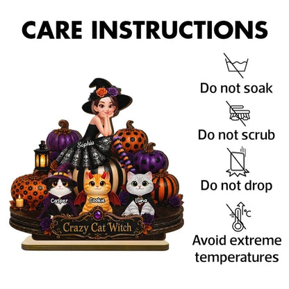 Personalized 2-Layer Wooden Plaque, Cat Witch with Costumed Cats and Pumpkins, Unique Gift for Cat Lovers