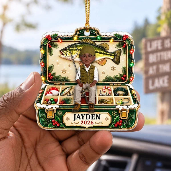 Personalized Acrylic Ornament, Green and Gold Cartoon Angler Holding a Fishing Rod, Unique Christmas Gift for Dad or Grandpa