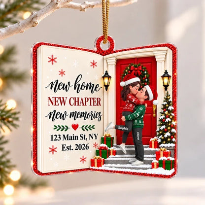 Personalized Acrylic Ornament, New Home Christmas Keepsake with Kissing Couple, Unique Housewarming Gift