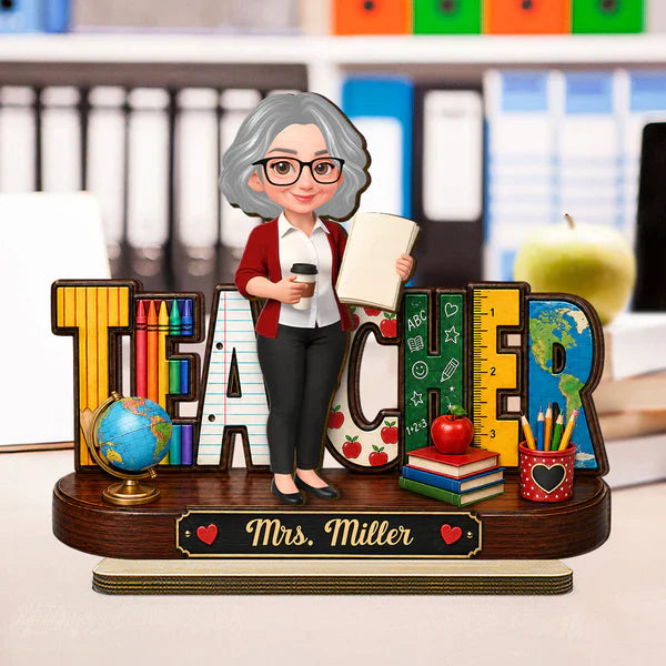 Personalized 2-Layer Wooden Plaque, Standing Cartoon Teacher with School Supplies, Unique Gift for Teacher