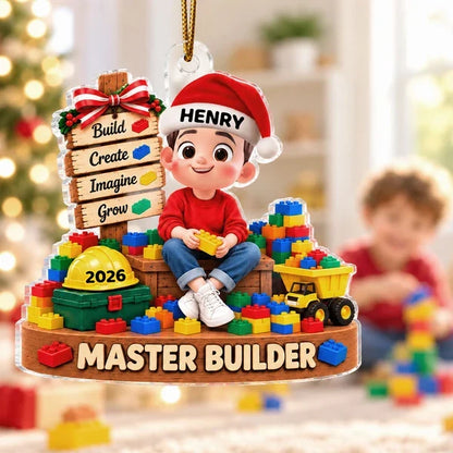 Personalized Acrylic Ornament, Cute Builder Kid Sitting with Blocks, Unique Christmas Gift for Son