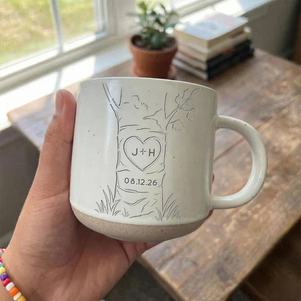 Personalized Pottery Mug, Carved Heart Tree Design, Unique Anniversary Gift for Couple