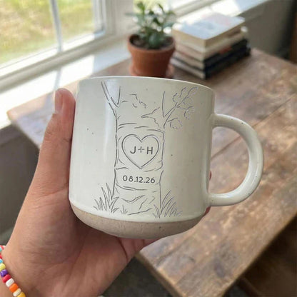 Personalized Pottery Mug, Carved Heart Tree Design, Unique Anniversary Gift for Couple