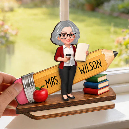 Personalized 2-Layer Wooden Plaque, Standing Teacher Pencil Design, Unique Gift for Classroom Desk