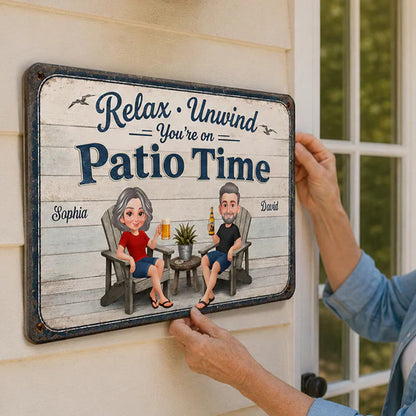 Personalized Metal Sign with Seated Patio Couple, Relax Unwind Decor, Unique Gift for Couples