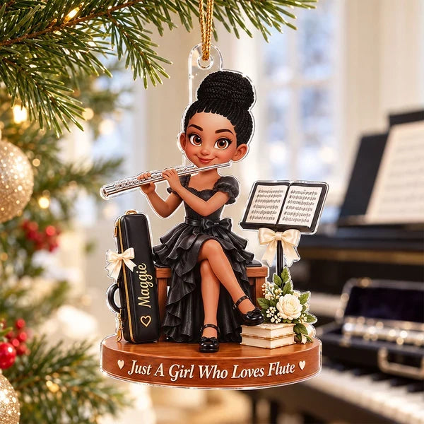 Personalized Acrylic Ornament, Cute Girl Playing Flute on a Christmas Tree, Unique Gift for Daughter or Granddaughter