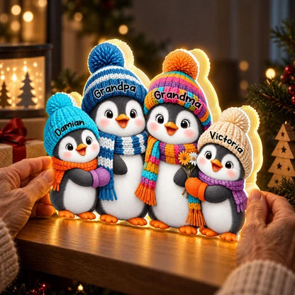 Personalized Acrylic Light Box, Cute Penguin Family in a Cozy Christmas Room, Unique Gift for Grandparents