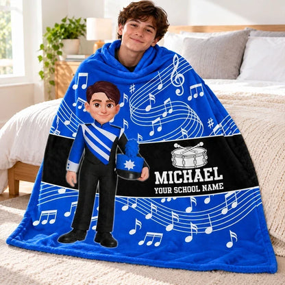 Personalized Fleece Blanket with Standing Marching Band Girl and Trumpet, Unique Gift for Music Students