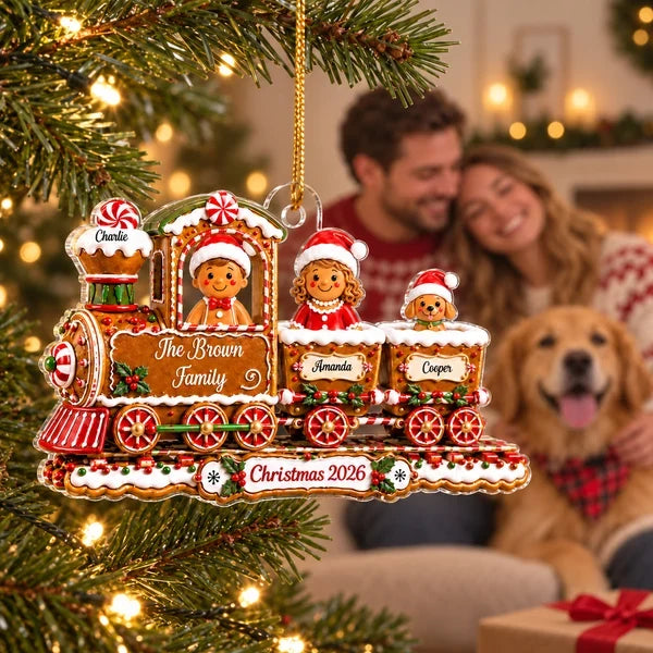 Personalized Acrylic Ornament, Gingerbread Family Train on a Christmas Tree, Unique Holiday Gift for Family