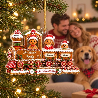 Personalized Acrylic Ornament, Gingerbread Family Train on a Christmas Tree, Unique Holiday Gift for Family