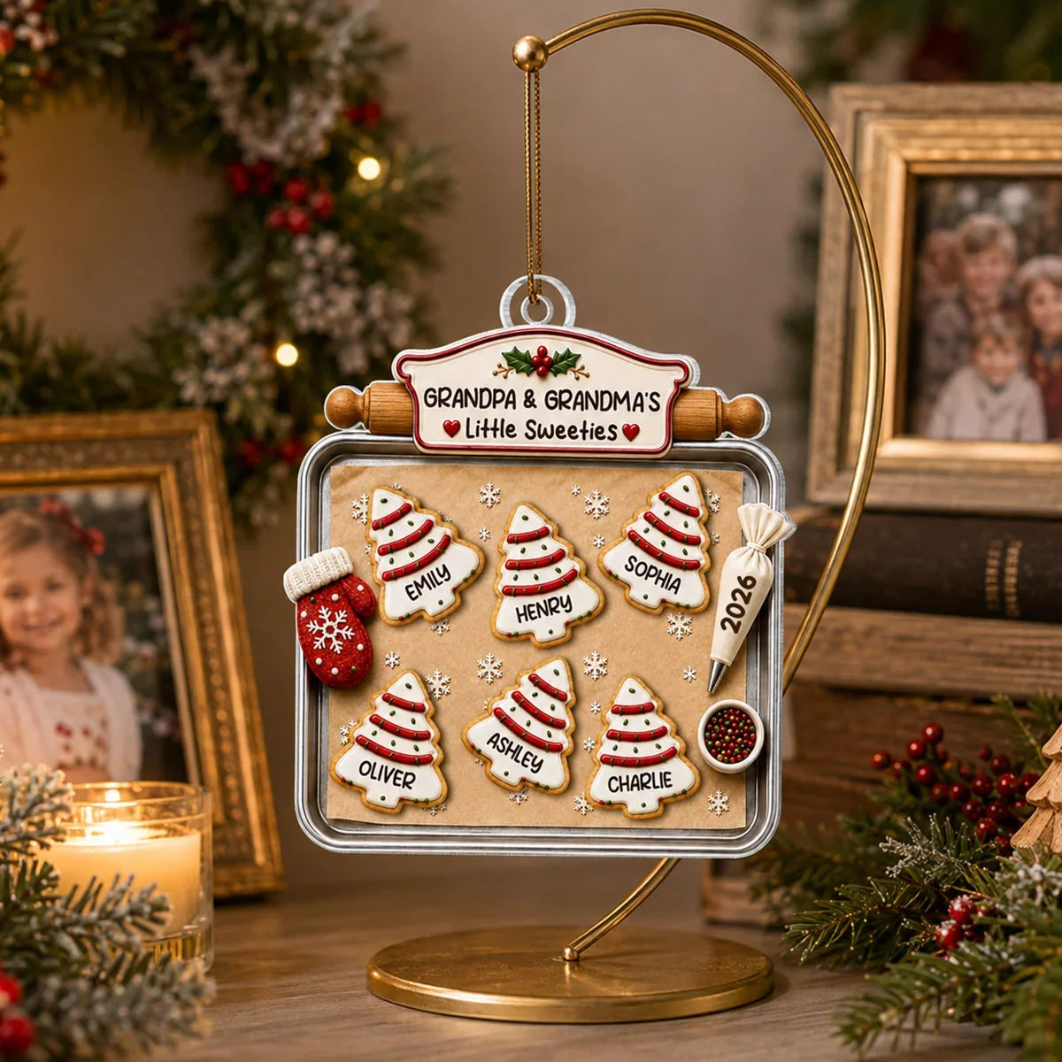 Personalized Acrylic Ornament, Red & Green Christmas Tree Cookies, Heartwarming Creative Gift for Grandparents