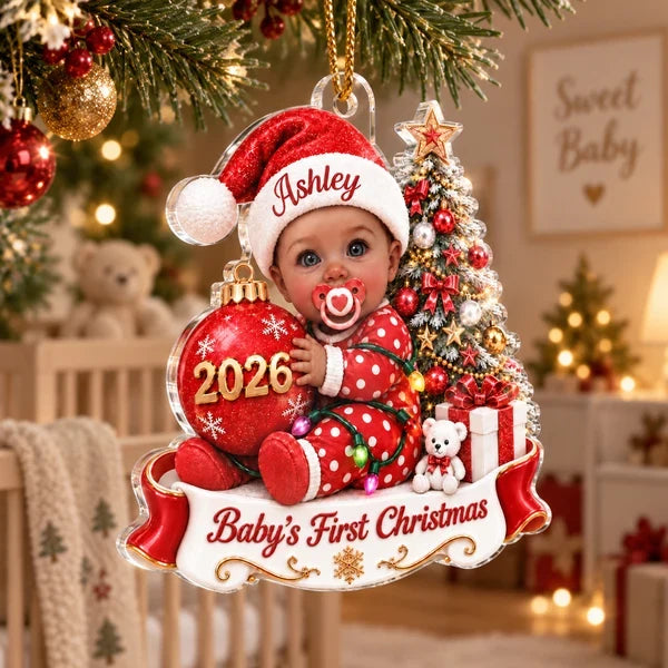 Personalized Acrylic Ornament, Seated Baby by a Christmas Tree, Unique First Christmas Gift for New Parents