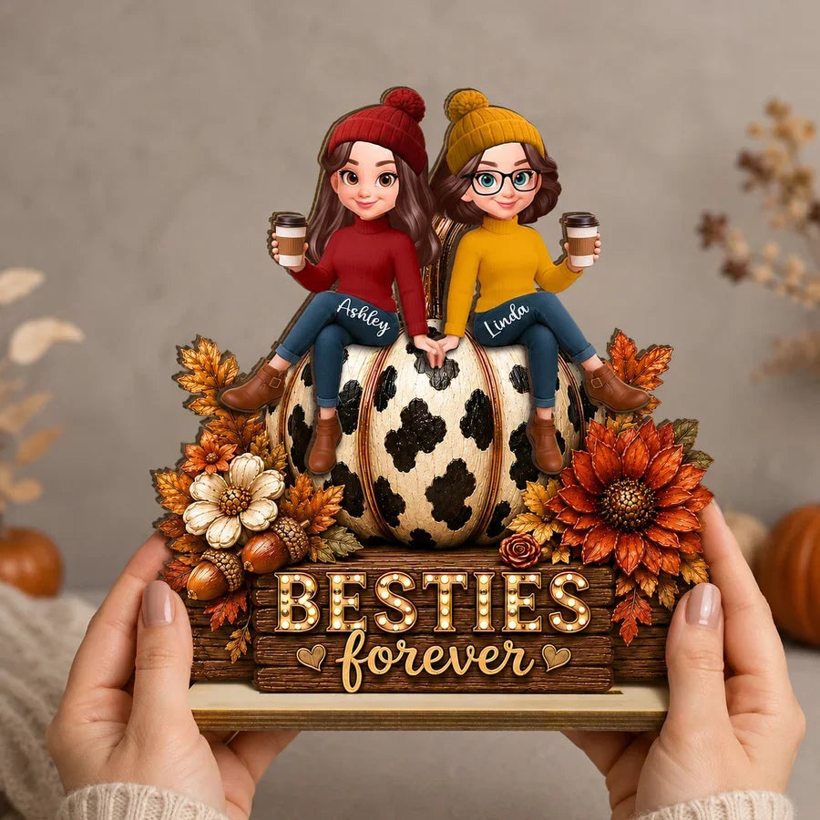 Personalized 2-Layer Wooden Plaque with Friends on Pumpkin, Autumn Coffee Decor, Unique Gift for Close Friend