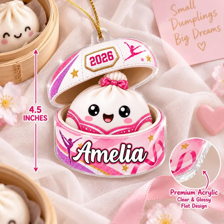 Personalized Acrylic Ornament, Cute Gymnastics Dumpling in Pink Case, Unique Christmas Gift for Gymnast