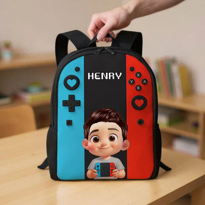 Personalized Kids School Backpack, Blue & Red Gamer Cartoon Boy Holding Controller, Unique Gift for Kids