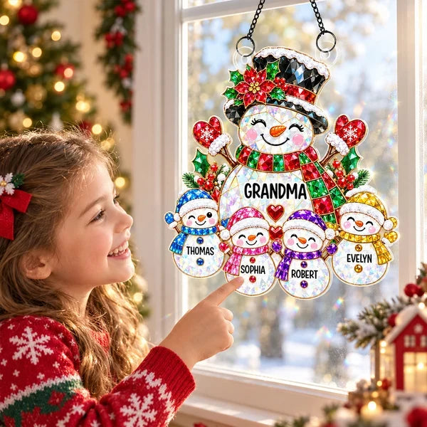 Personalized Grandma Snowman Acrylic Suncatcher Ornament, Colorful Christmas Window Decor, Unique Gift for Grandma