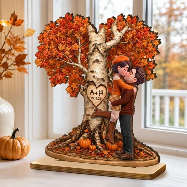 Personalized 2-Layer Wooden Plaque, Fall Love Tree Couple Kiss, Unique Creative Gift for Couple