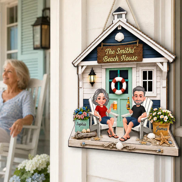 Personalized Wooden Sign with Sitting Beach House Couple, Coastal Decor, Unique Gift for Couples