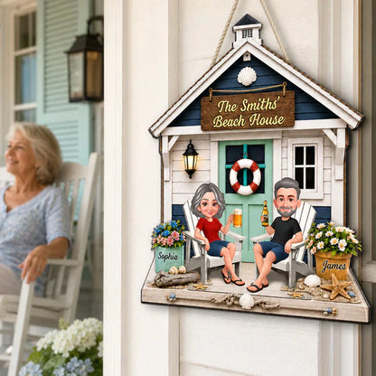 Personalized Wooden Sign with Sitting Beach House Couple, Coastal Decor, Unique Gift for Couples