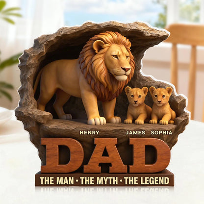 Personalized Shaped Acrylic Block Plaque With Standing Lion Dad & Cubs, Unique Father's Day Gift for Dad's Desk