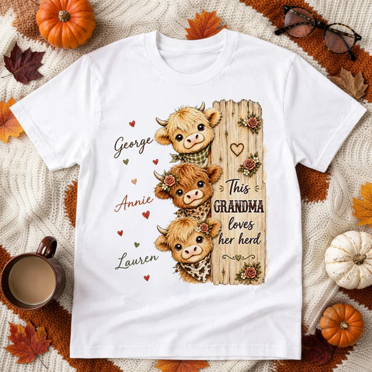 Grandma Loves Her Herd Classic Tee, Personalized Highland Cow Family Shirt, Unique Gift for Grandma