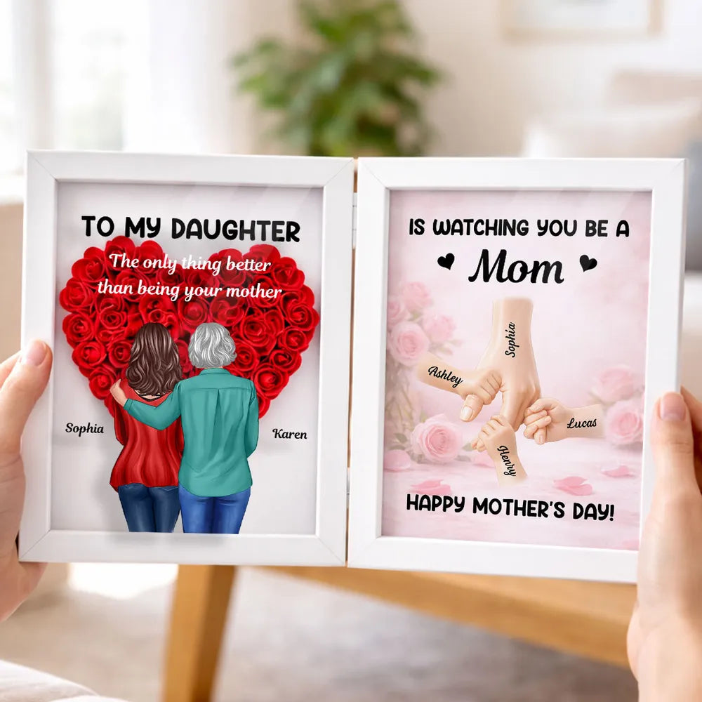Personalized Foldable Floral Shadow Box, Mom and Daughter Hugging Art, Mother's Day Heartfelt Keepsake, Unique Gift for Mom