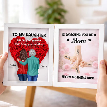 Personalized Foldable Floral Shadow Box, Mom and Daughter Hugging Art, Mother's Day Heartfelt Keepsake, Unique Gift for Mom