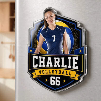Personalized Acrylic Fridge Magnet, Athlete Posing with Sports Gear, Unique Gift for Players & Families