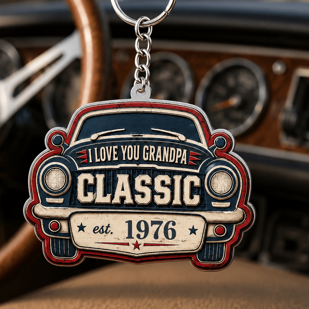 Custom Vintage Car Keychain, Acrylic or Wooden Style, Personalized Year Gift for Dad, Grandpa & Classic Car Fans