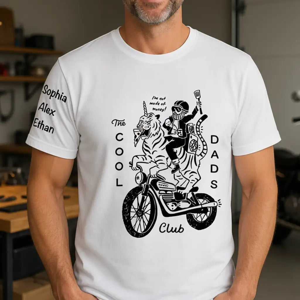 Personalized Dual Print Classic Tee, Cool Dads Club Motorcycle Graphic, Unique Gift for Dad